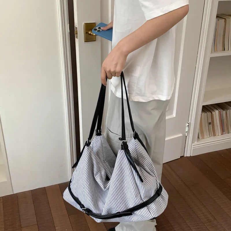 Korean Striped Canvas Tote Bag – Large Women's Shoulder Bag Canvas Shoulder Tote Nixie