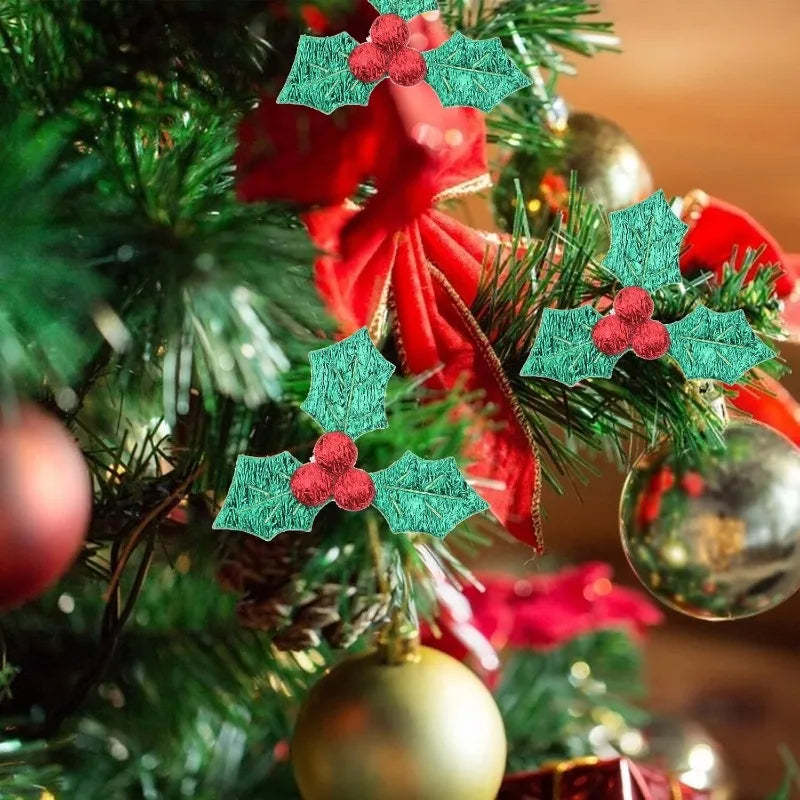 50PCS Holly Berry Sprigs Christmas DIY Craft Decor Green Gold Silver Craft Embellishments Nixie