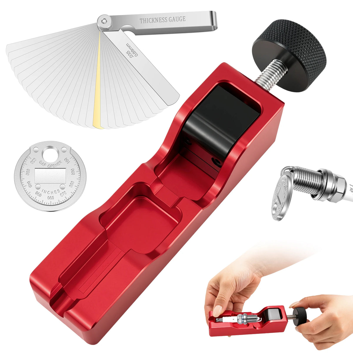 Aluminum Spark Plug Gap Tool & 32-Blade Feeler Gauge Kit