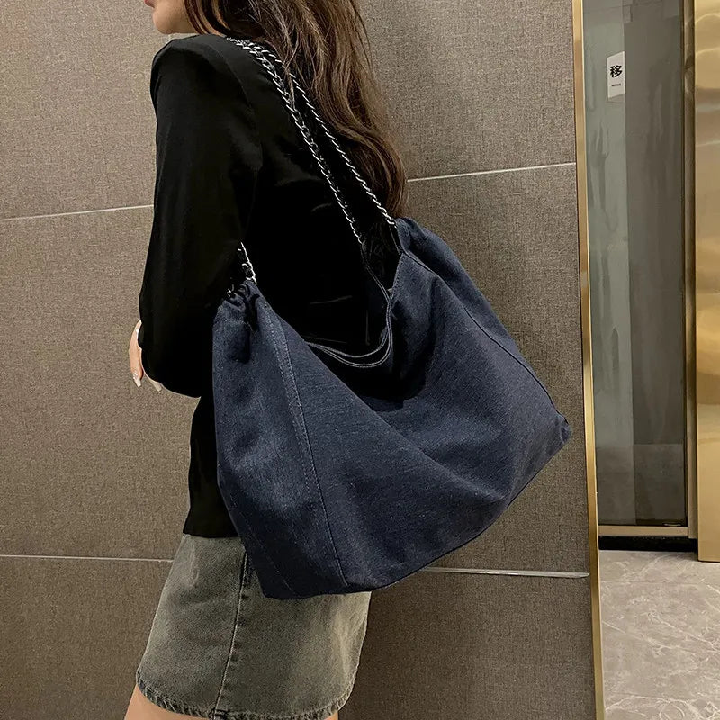 Women's Large-Capacity Denim Chain Shoulder Tote Bag Denim Shoulder Bag Nixie Dark blue