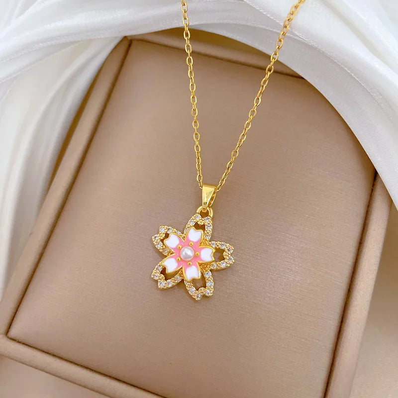 Flower Pendant Choker Necklace – Gold Stainless Steel & Zircon Pendant Choker Necklace Nixie