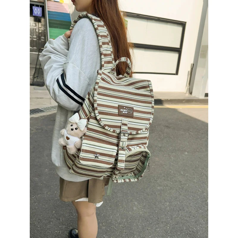 Striped Corduroy Drawstring Backpack – Casual Small Bag