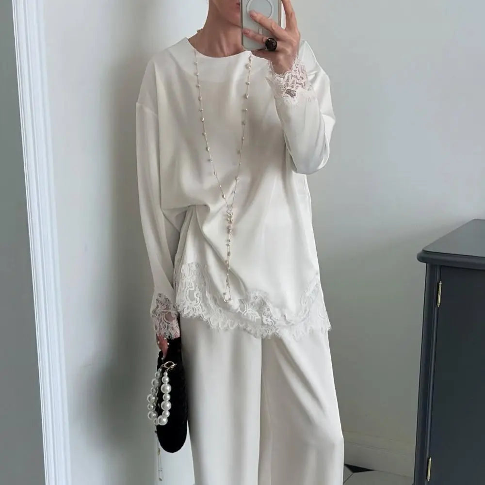 Women's Satin Lace Trim Long Sleeve Mini Dress – Loose Fit Satin Mini Dress Nixie