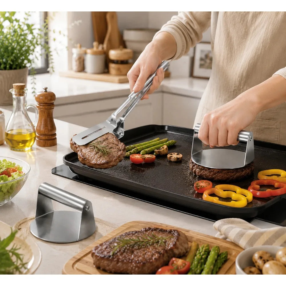 Smash Burger Press & Steak Tongs Set – Heavy-Duty Stainless Steel BBQ Burger Press Set Nixie