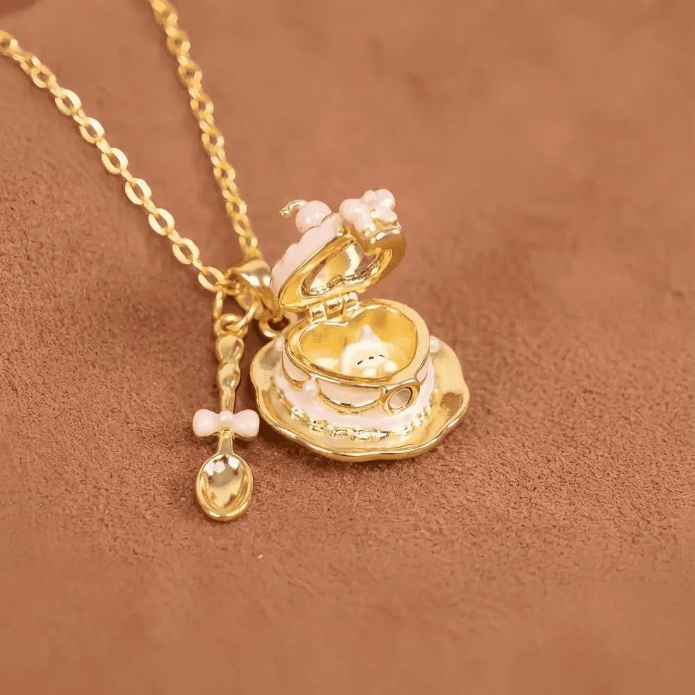 Cartoon Cup Teaspoon Pendant Necklace – Enamel Copper Chain Pendant Necklace Nixie