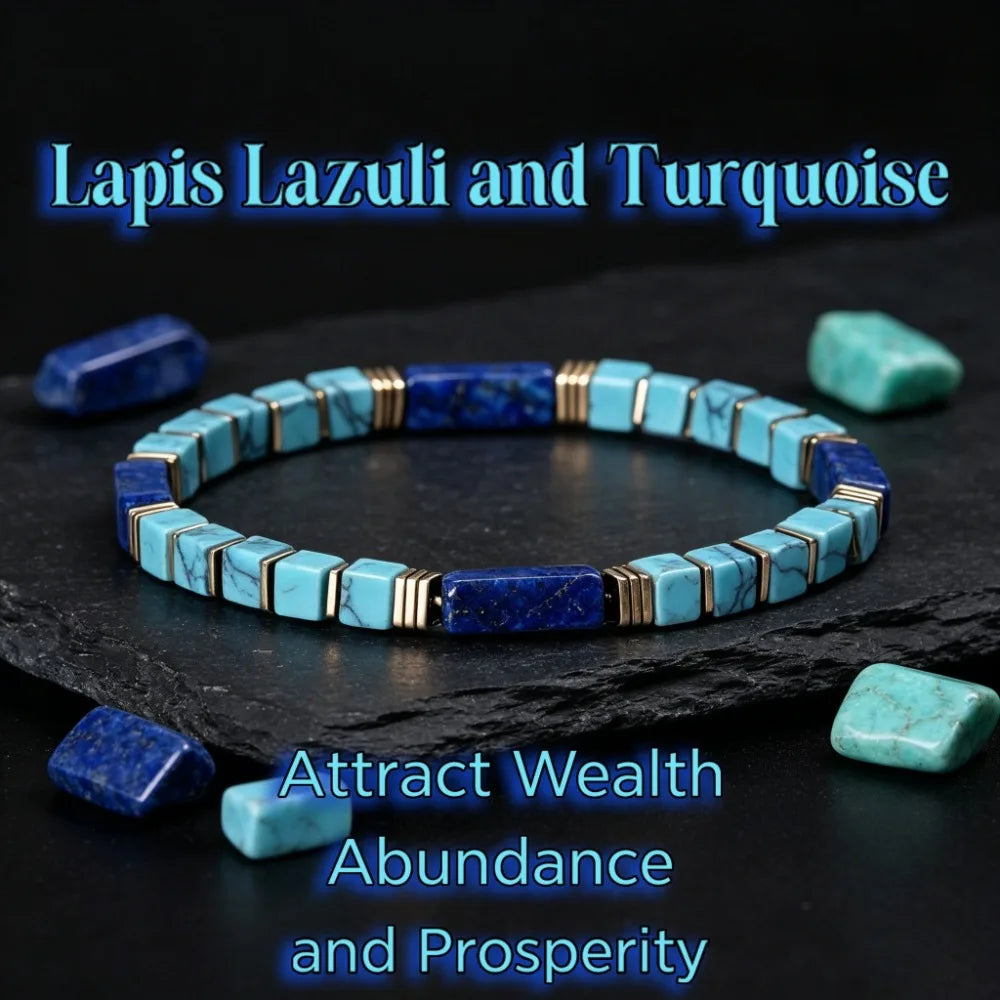 Natural Turquoise & Lapis Lazuli Square Tube Bracelet | Stackable