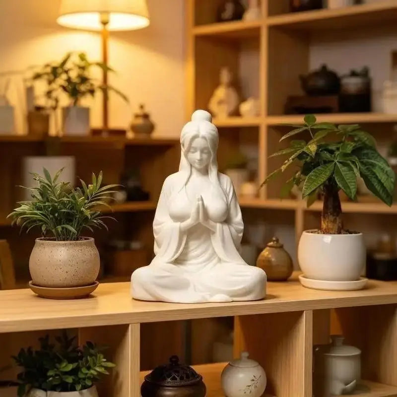 Mini Meditation Lady Figurine – Zen Matte White Desktop Statue Desktop Figurine Statue Nixie