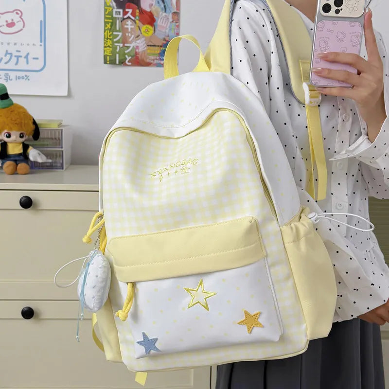 Nixie Star-Embroidered Plaid Backpack for Girls & Students