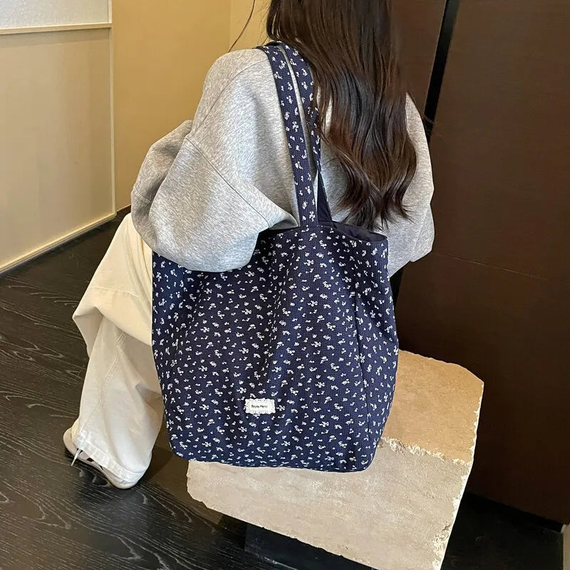 Korean Floral Canvas Tote Bag – Women's Spacious Shoulder Bag Canvas Tote Bag Nixie