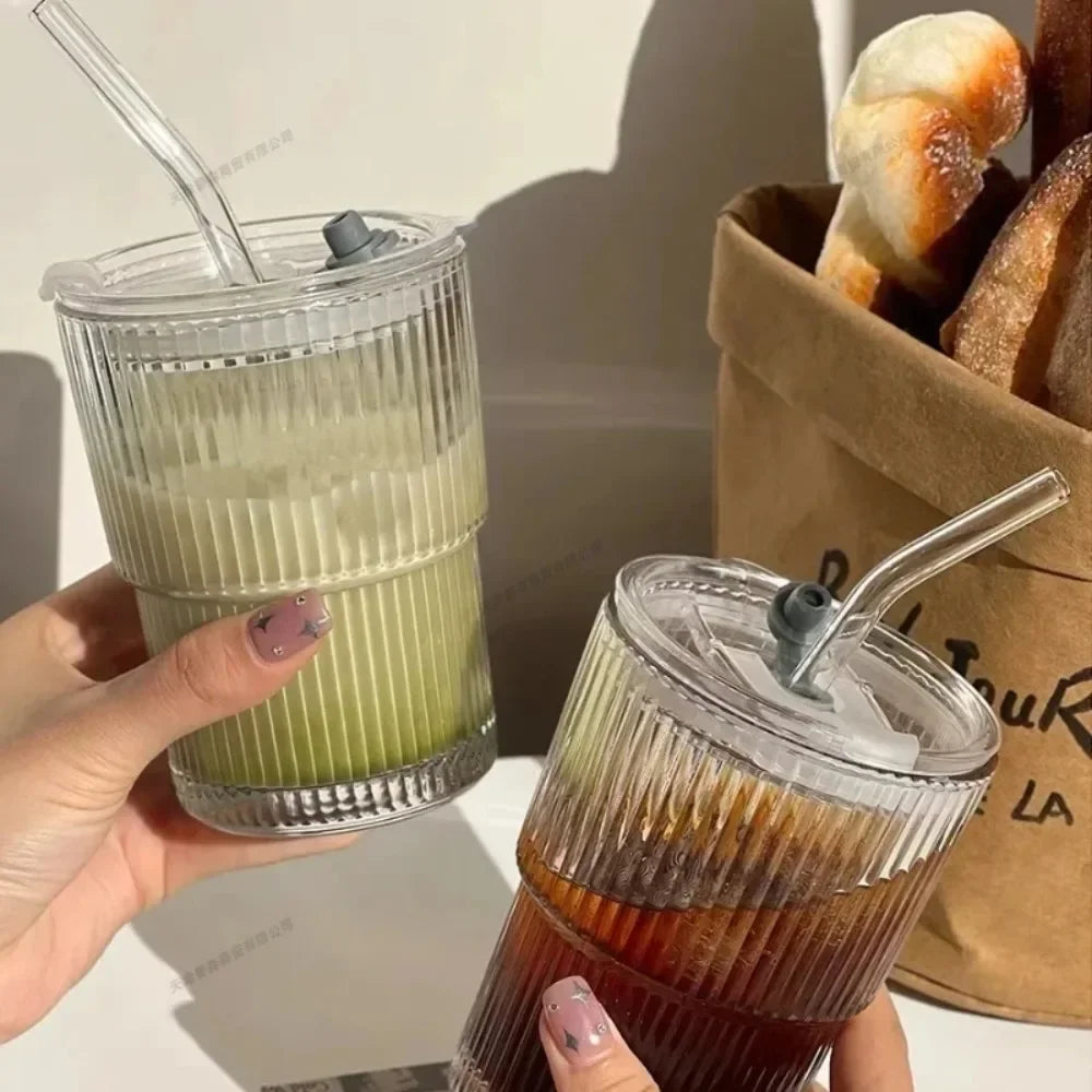450ml Fluted Glass Cup with Lid & Straw – Lead-Free Set Glass Drinkware Set Nixie