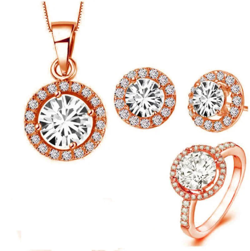 Silver CZ Crown Necklace Earring Ring Jewelry Set for Women Jewelry Set Nixie 45cm Rose Set-open ring