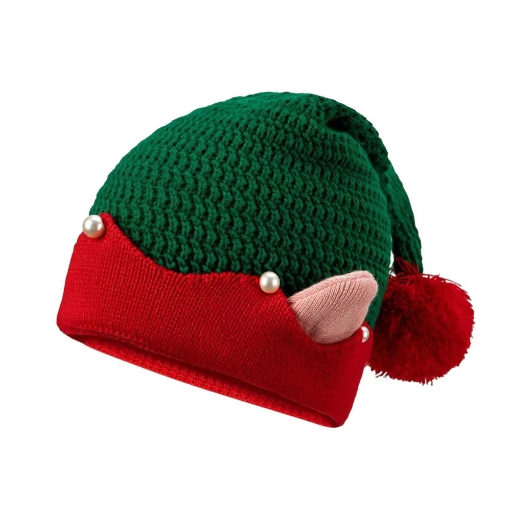 Striped Knitted Christmas Hat with Ears & Pom-Pom | Elf Santa Cap