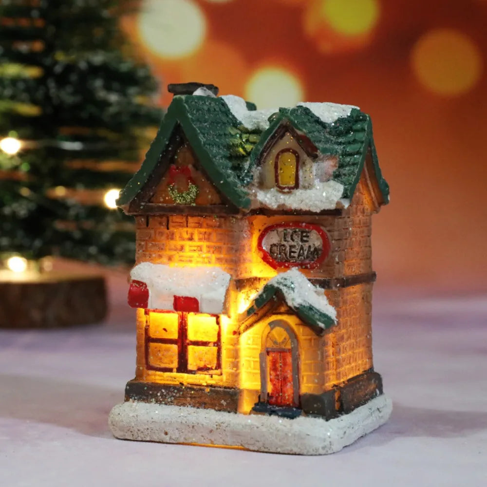 LED Miniature Christmas Village House Resin Ornament Decor Christmas Village Ornament Nixie White-Black I