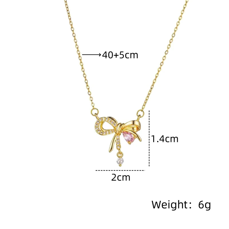 Pink Diamond Bow Pendant Necklace | Light Luxury Copper Pendant Necklace Nixie XL1779-54