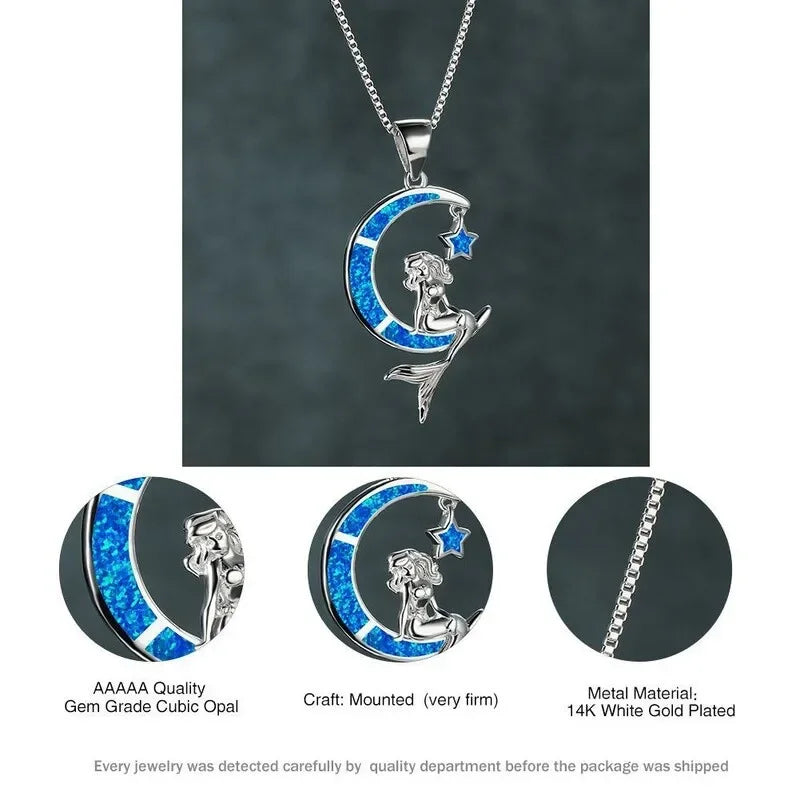 Mermaid Moon Pendant Necklace – Blue Simulated Opal & Zinc Alloy Pendant Necklace Nixie
