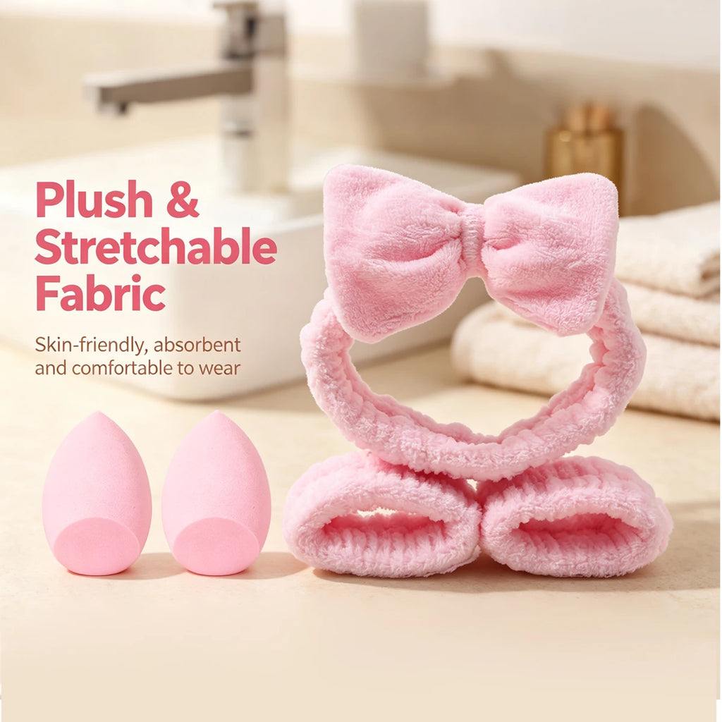 5-Piece Beauty Kit – Bow Headband, Wrist Bands & Sponges Makeup Tool Set Nixie