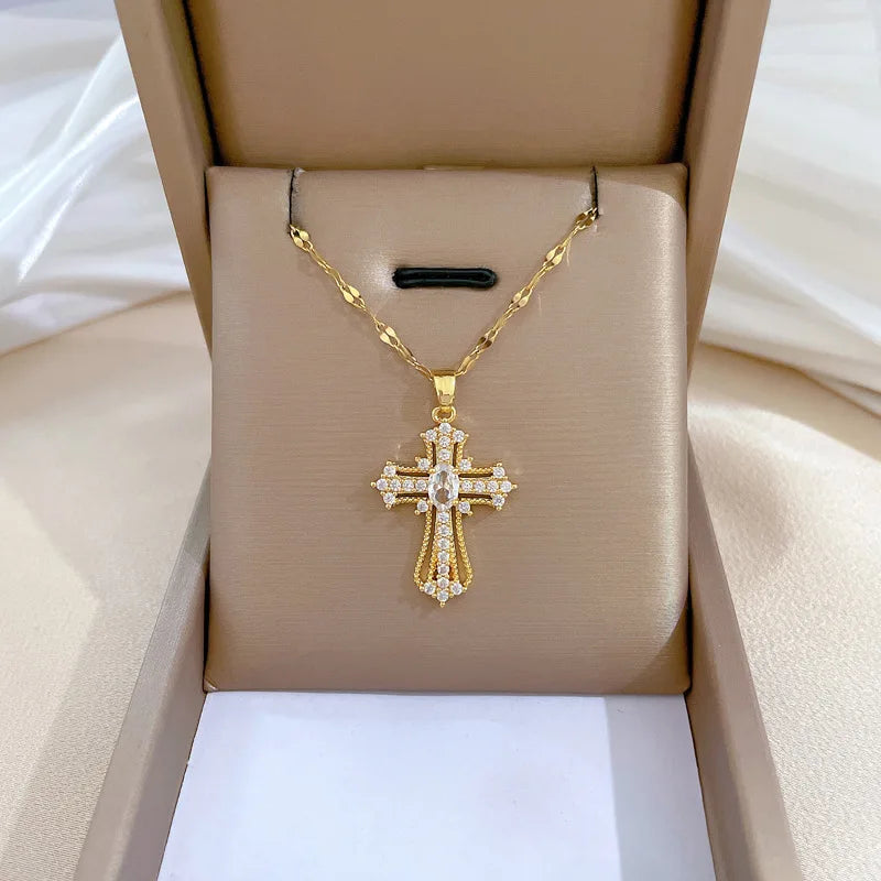 Women's Gold Cross Pendant Necklace – Stainless Steel Choker