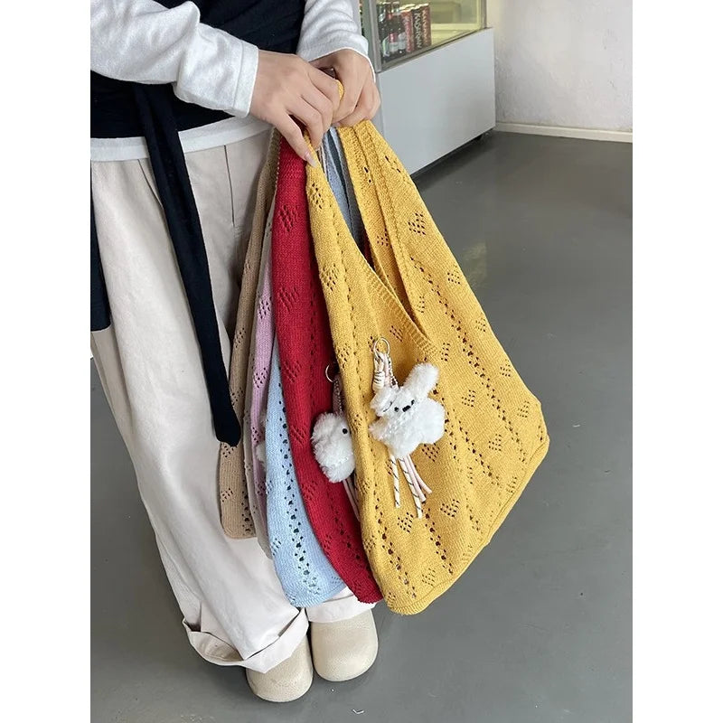 Bohemian Hollow Woven Tote Bag – Knitted Yarn Shoulder Bag Woven Shoulder Tote Nixie