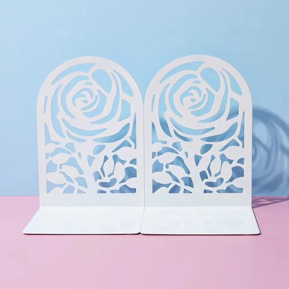 2Pcs Metal Rose Hollow Bookends – Decorative White Book Ends Decorative Bookends Nixie