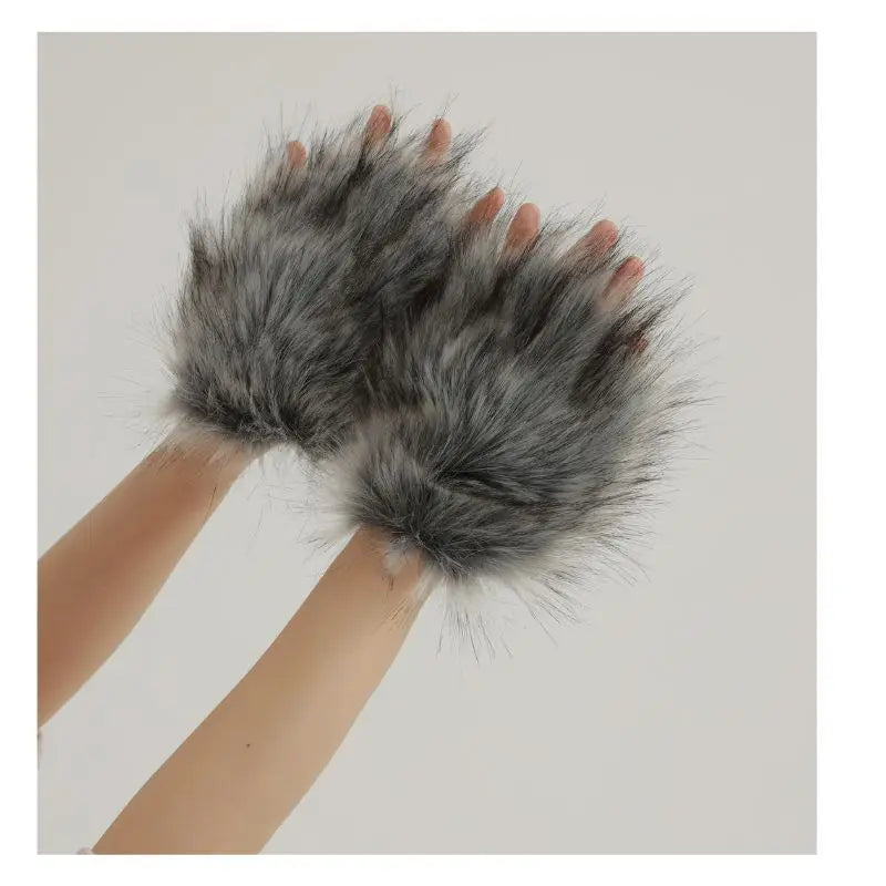 Halloween Plush Wolf Gloves Cosplay Costume Prop | Faux Fur Costume Gloves Nixie
