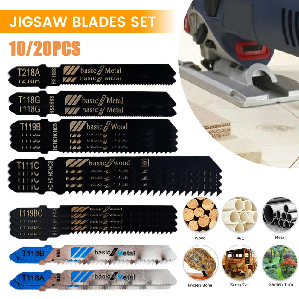 10/20Pcs T-Shaft HCS Jigsaw Blades – Wood Metal Plastic Cutting