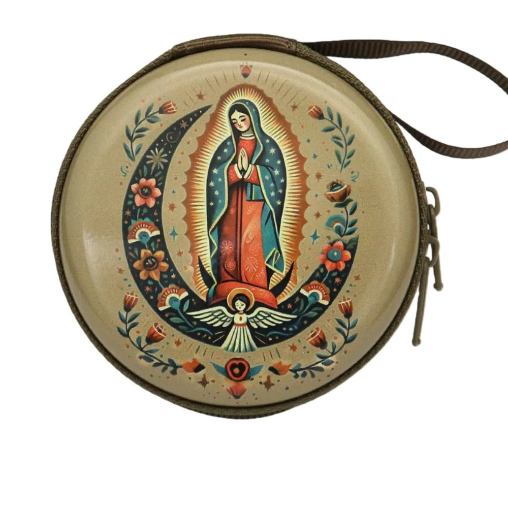 Virgin Mary Round Metal Rosary Storage Bag – Religious Keepsake