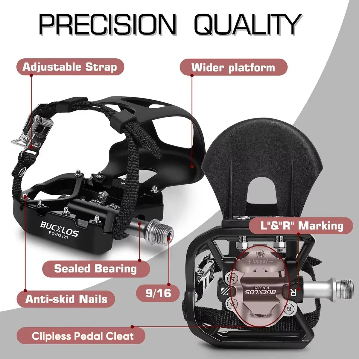 BUCKLOS Dual Function MTB Bike Pedals – Aluminum Alloy Non-Slip MTB Bicycle Pedals Nixie