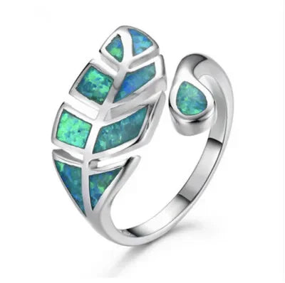 White Simulated Opal Leaves Ring | Adjustable Silver Band