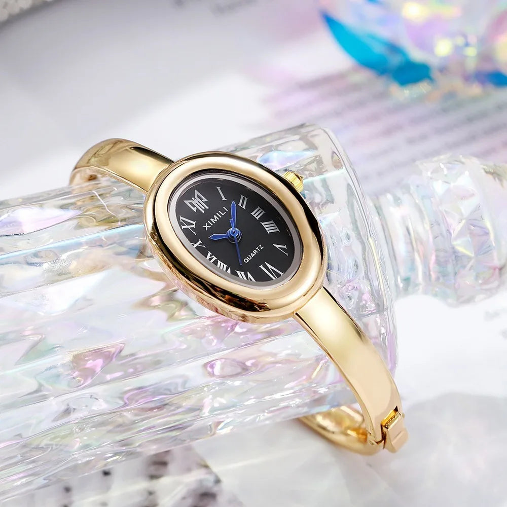 Oval Dial Bangle Bracelet Watch – Elegant Ladies Quartz Watch Ladies Bangle Watch Nixie Gold Black