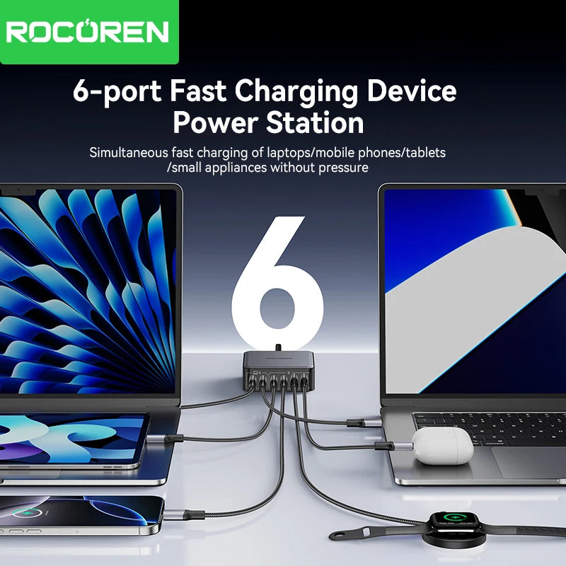 Rocoren 200W GaN Charging Station 6-Port USB-C Desk Charger GaN Charging Station Nixie