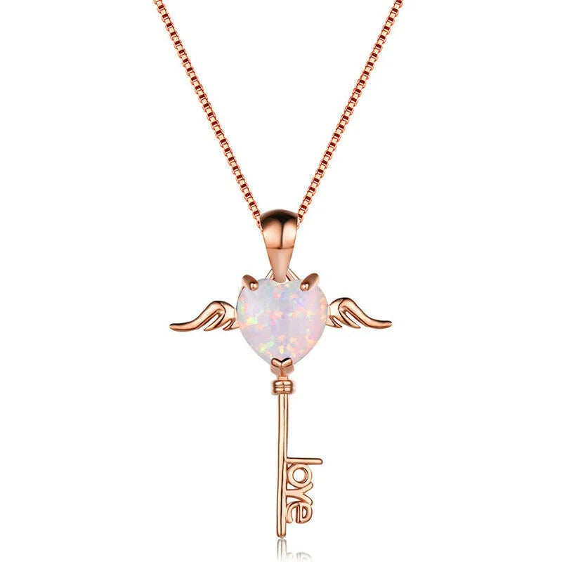 Silver Key Heart Simulated Opal Pendant Necklace for Women Pendant Necklace Nixie Rose Gold-White