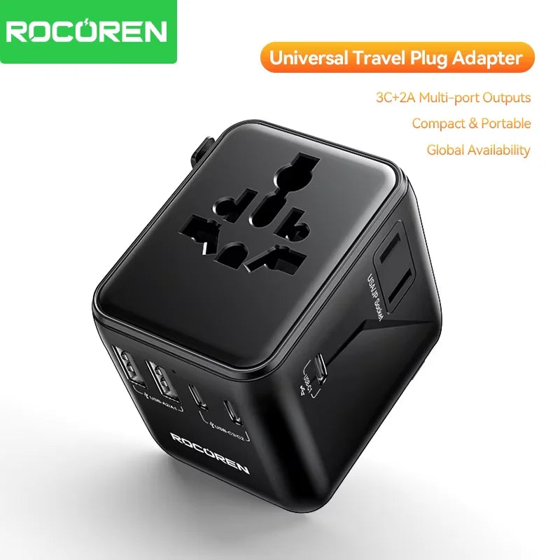 Rocoren Universal Travel Adapter GaN Fast Charging 2 USB 3 USB-C Universal Travel Adapter Nixie