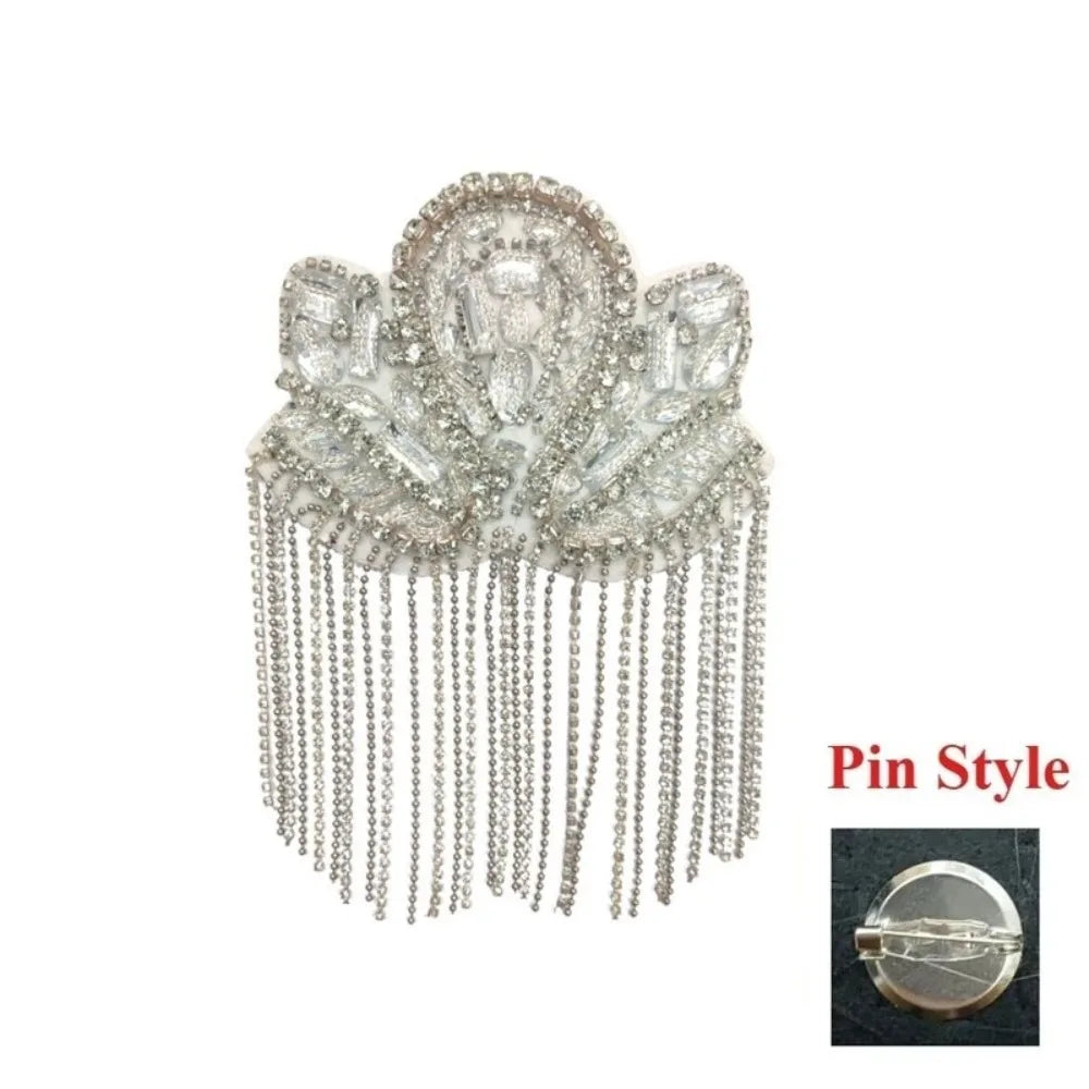 Rhinestone Tassel Epaulet – Sparkling Beaded Shoulder Patch Shoulder Embellishment Nixie White02