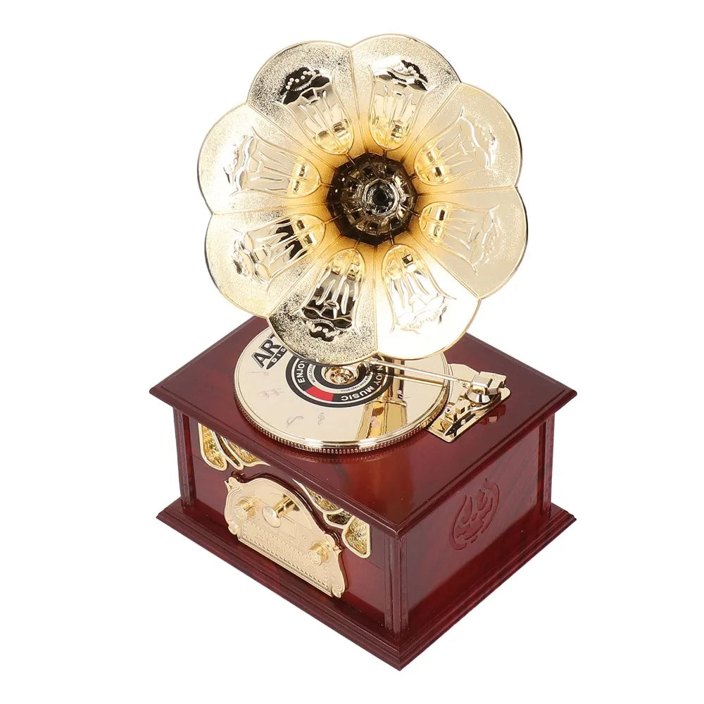 Retro Clockwork Gramophone Music Box – Vintage Phonograph Figurine Decorative Music Box Nixie