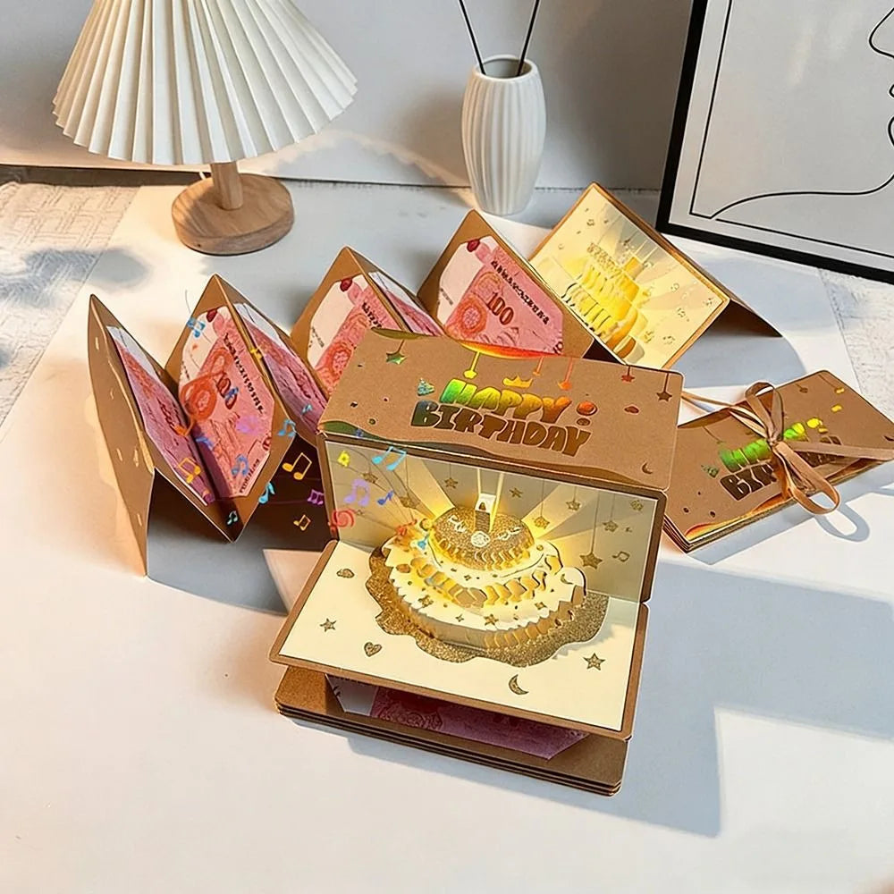3D Pop-Up Birthday Card with LED Light & 6 Cash Gift Slots Pop-Up Greeting Card Nixie