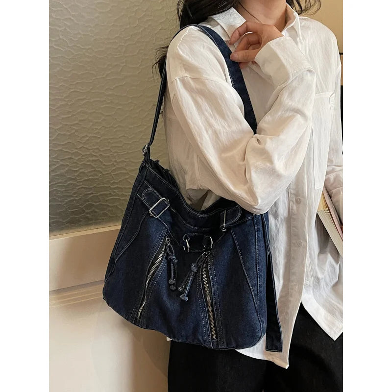 Vintage Denim Tote Bag – Large Crossbody Shoulder Bag Denim Tote Bag Nixie