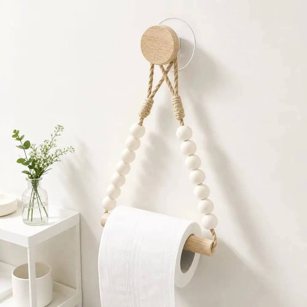 Rustic Punch-Free Toilet Paper Holder Hemp Rope Wood Toilet Paper Holder Nixie