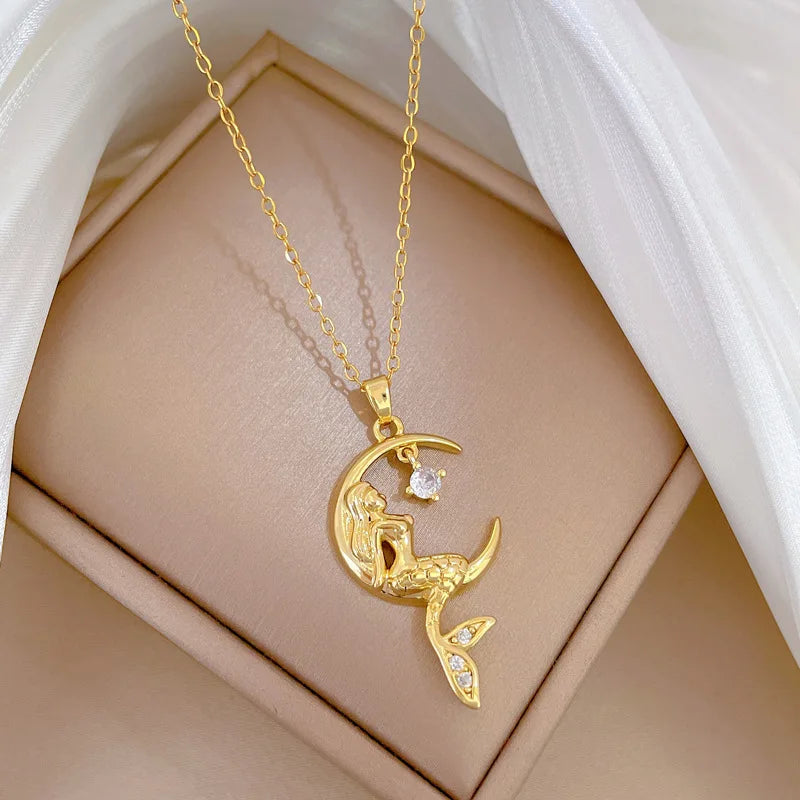 Mermaid Pendant Choker Necklace | Gold Stainless Steel Pendant Choker Necklace Nixie