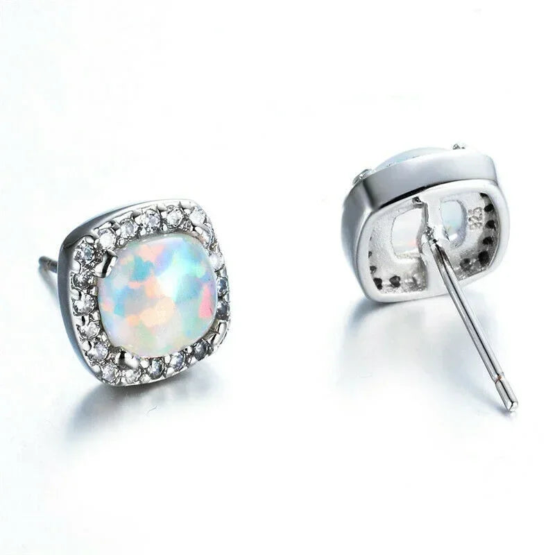 Square Blue Simulated Opal Dangle Earrings | Trendy Women