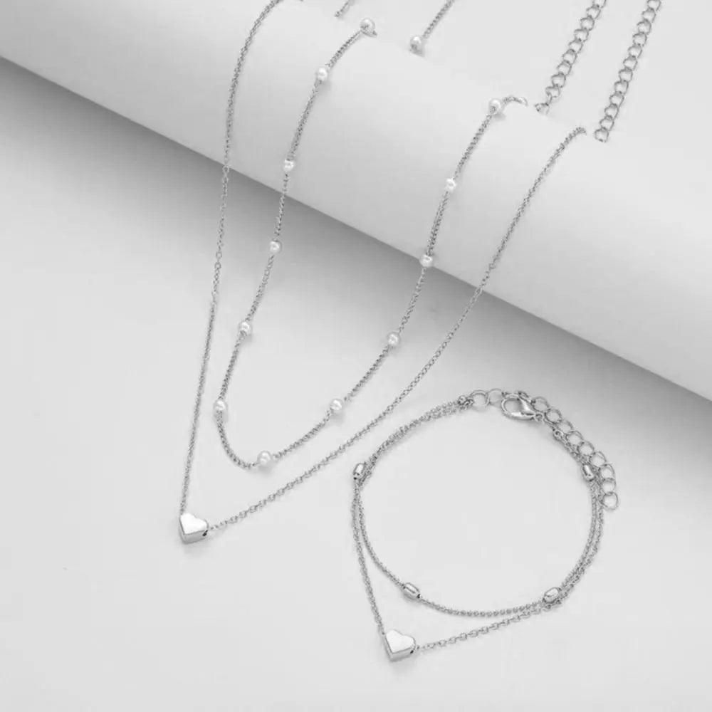 Pearl Heart Necklace & Bracelet Set – Gold & Silver Y2K Style Jewelry Set Nixie