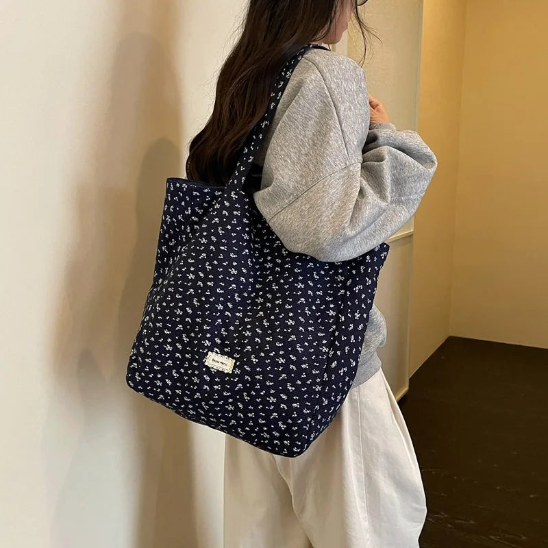 Korean Floral Canvas Tote Bag – Women's Spacious Shoulder Bag Canvas Tote Bag Nixie