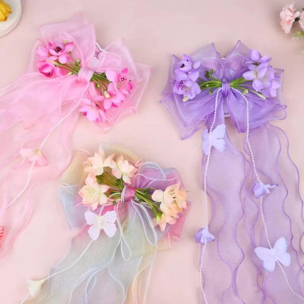 Pink Floral Bow Hair Clip Long Ribbon Butterfly Barrette Hair Clip Barrette Nixie