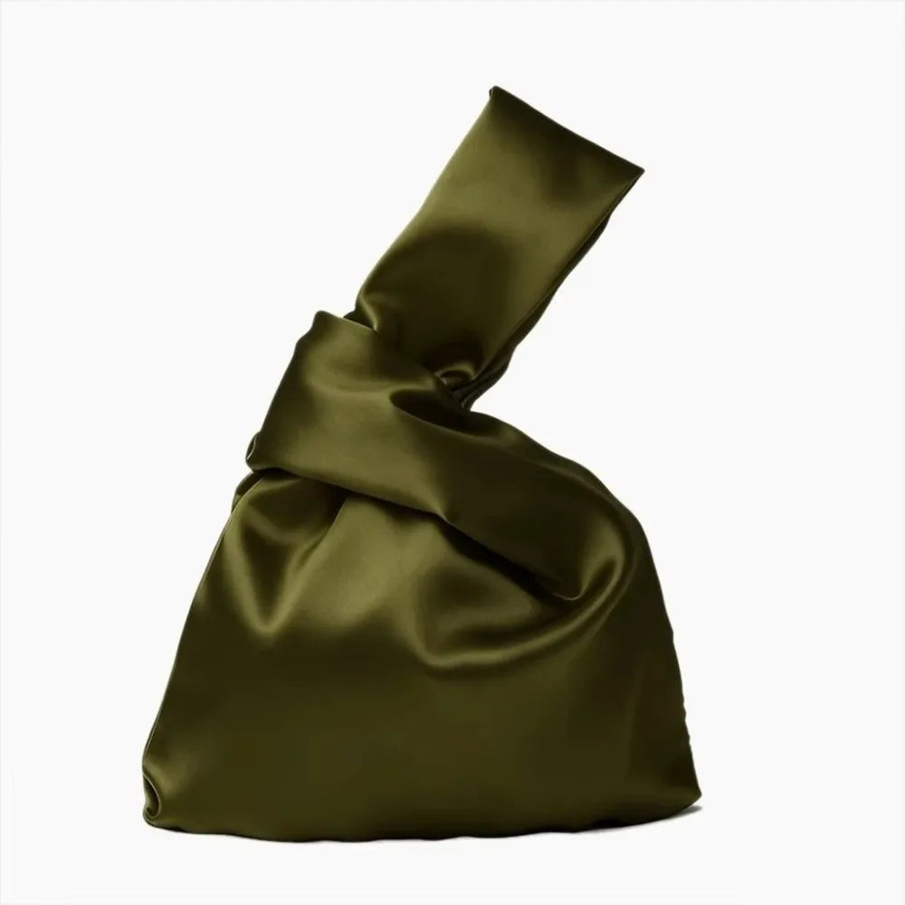 Japanese Knot Wrist Bag Faux Silk Satin Tote Handbag Women Wrist Tote Handbag Nixie Dark Green