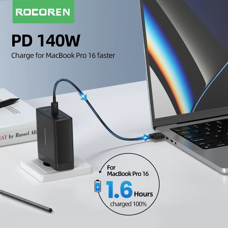 Rocoren 140W GaN USB-C Charger PD 3.1 QC 4.0 | MacBook & iPhone GaN USB-C Charger Nixie