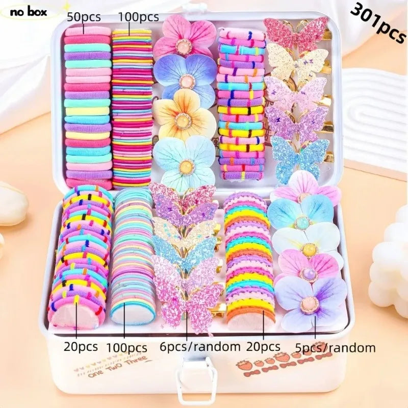 Girls Elastic Floral Bow Hair Bands & Bunny Ear Hair Ties Set