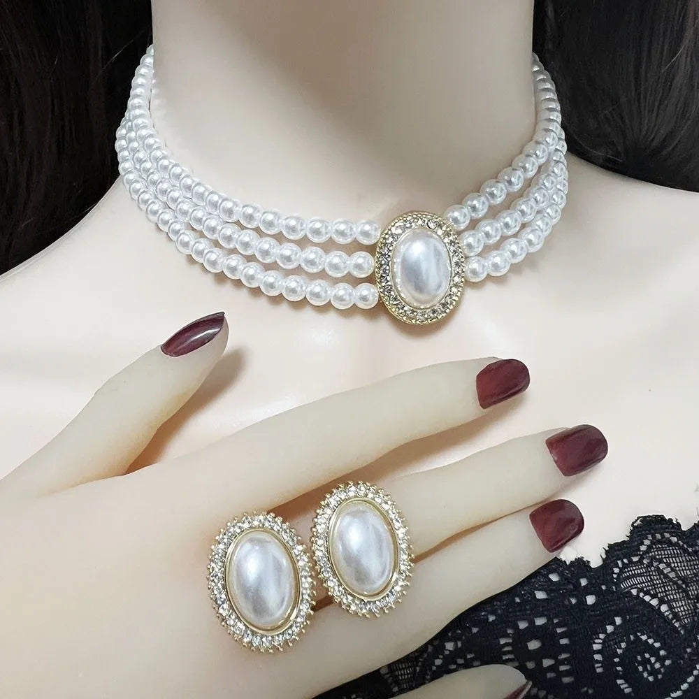 White Pearl Rhinestone Necklace Earrings Set – Bridal Jewelry