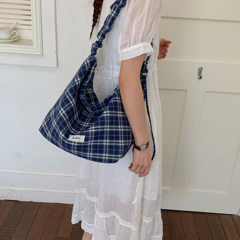 Vintage Plaid Canvas Tote Bag – Large Shoulder Crossbody Bag Canvas Tote Bag Nixie