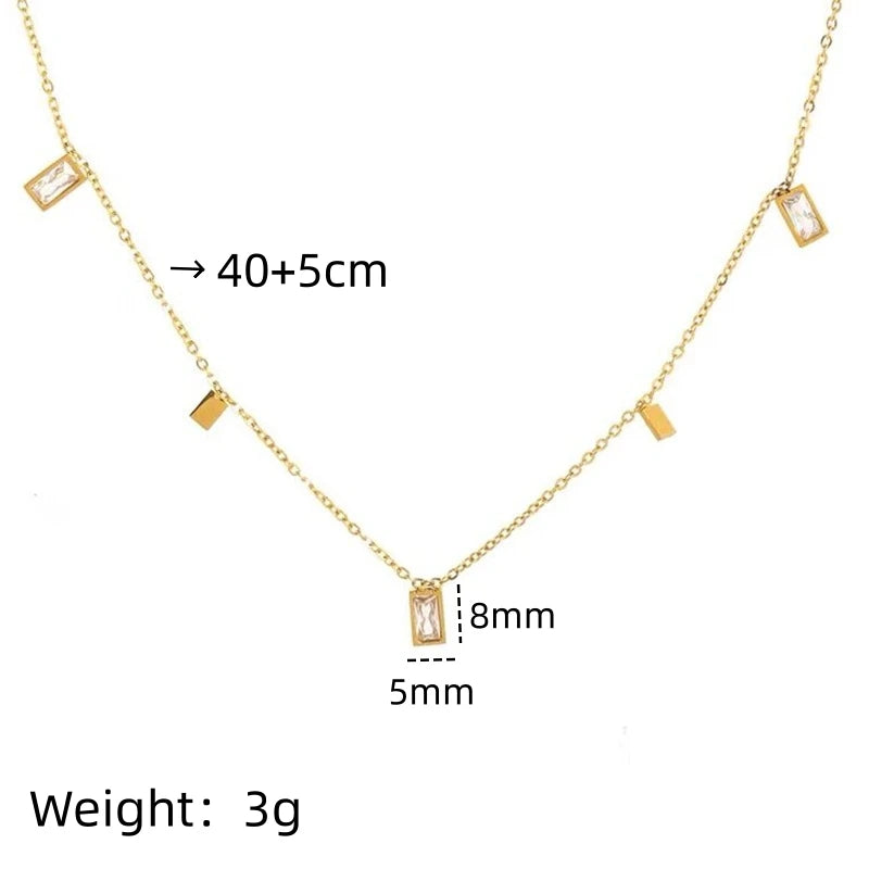 Square Crystal Zircon Fringe Pendant Necklace | Gold Stainless Steel