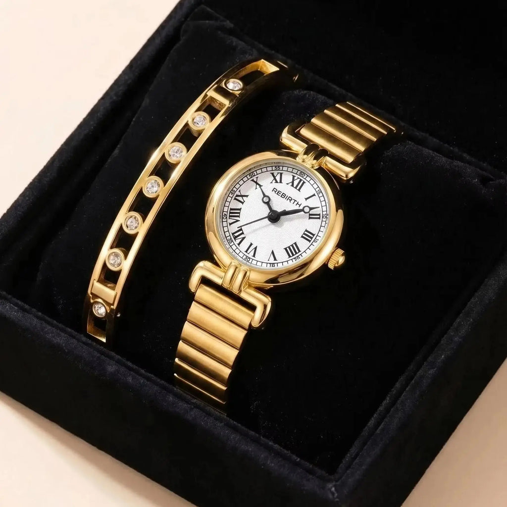 Women's Gold Watch & Bracelet Set – Quartz Roman Numeral Dial Watch & Bracelet Set Nixie