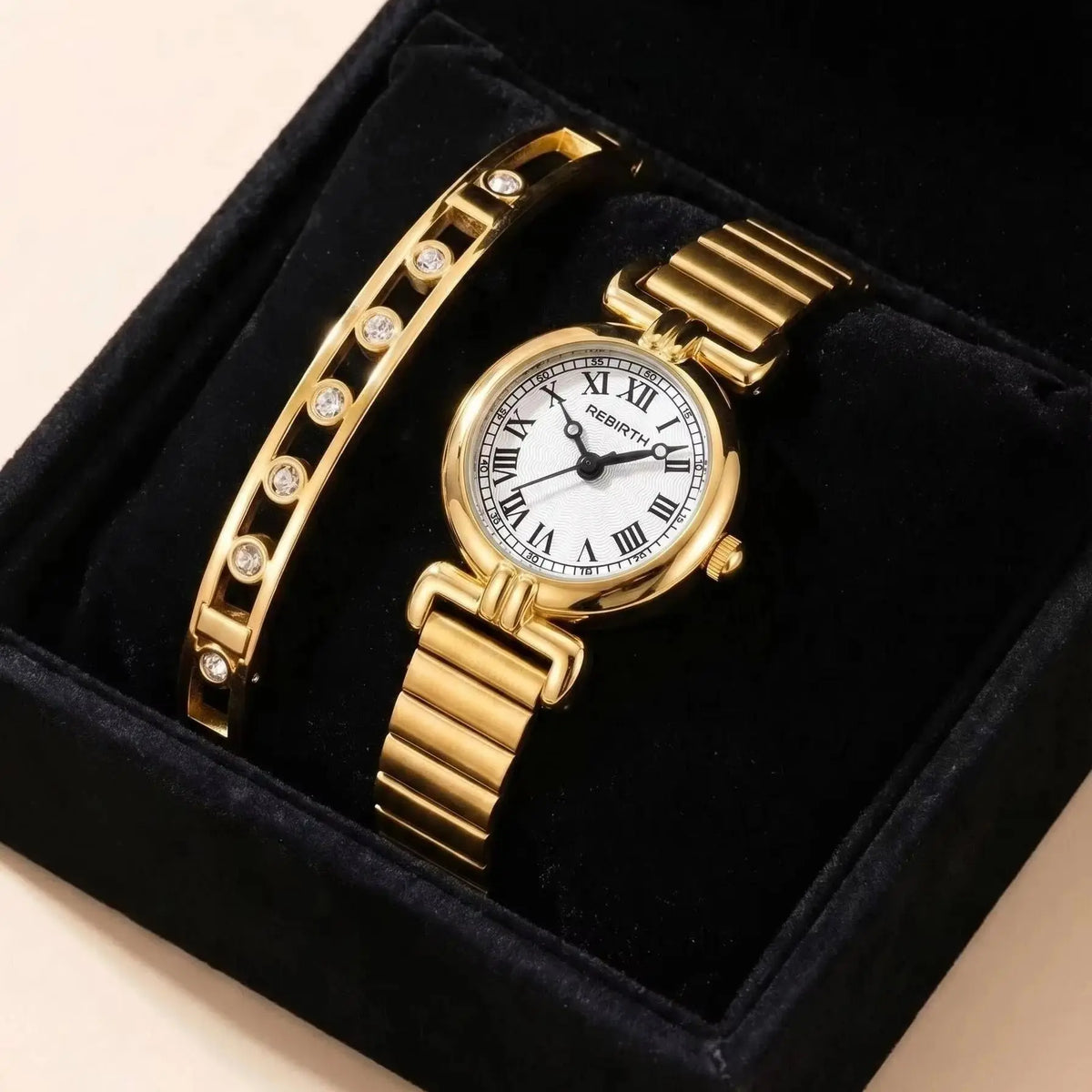 Women's Gold Watch & Bracelet Set – Quartz Roman Numeral Dial